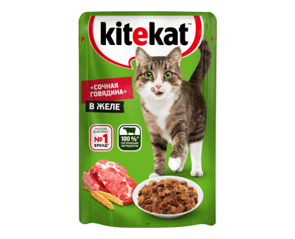 Kitekat влажный корм для кошек, Сочная говядина в желе, 85г 